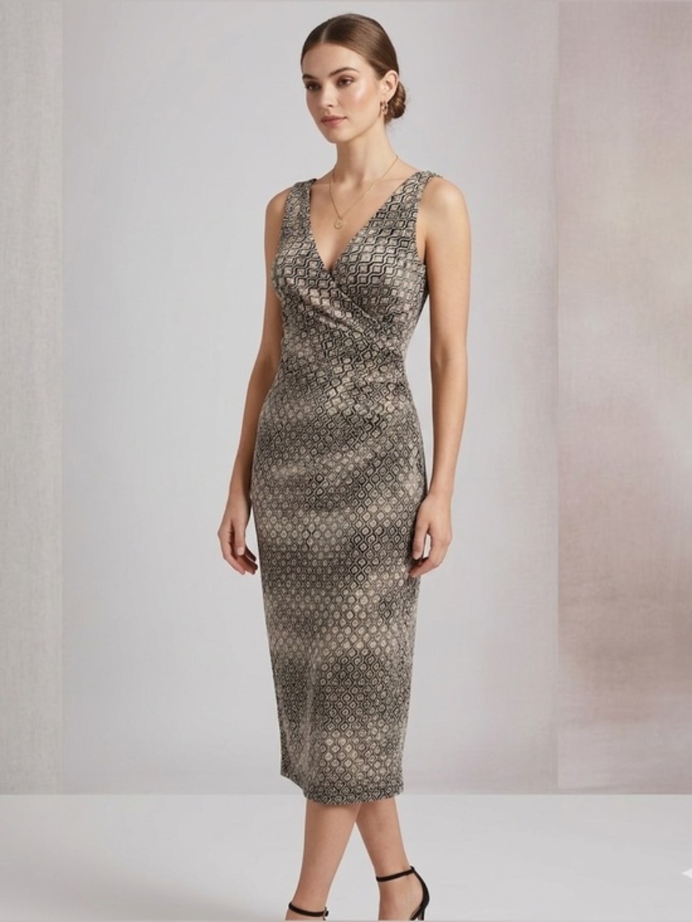 Vtg Bebe Women’s Small Black Gray Geo Print V-Neck Midi Dress Sleeveless S USA